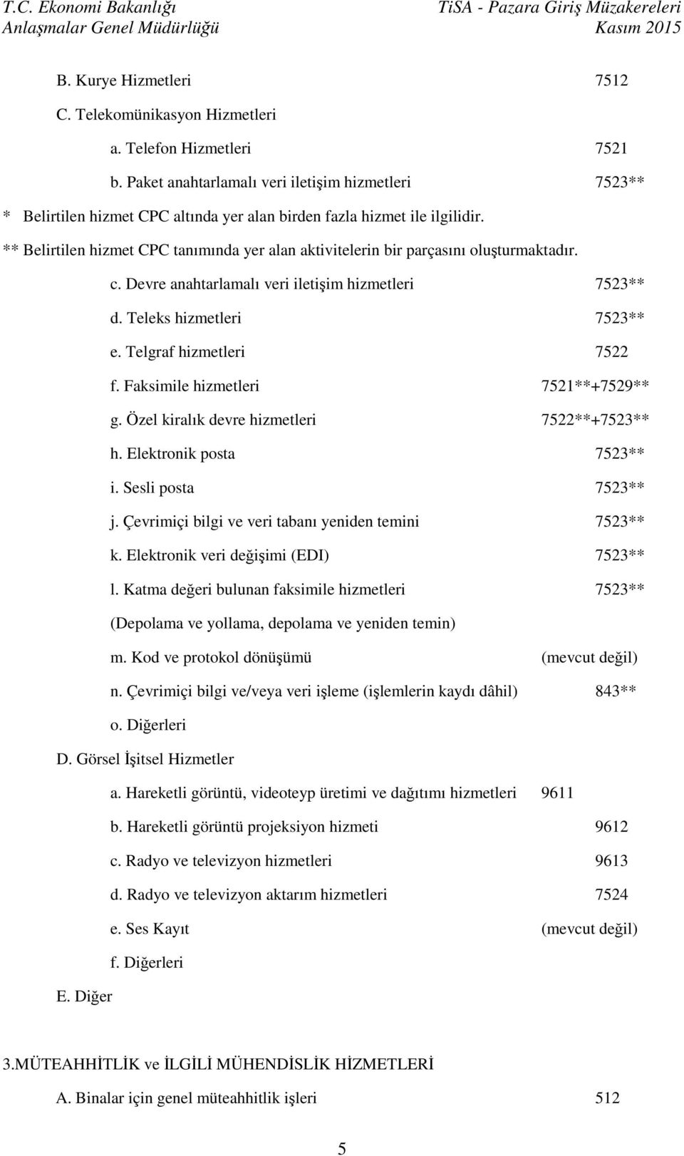 ** Belirtilen hizmet CPC tanımında yer alan aktivitelerin bir parçasını oluşturmaktadır. c. Devre anahtarlamalı veri iletişim hizmetleri 7523** d. Teleks hizmetleri 7523** e.