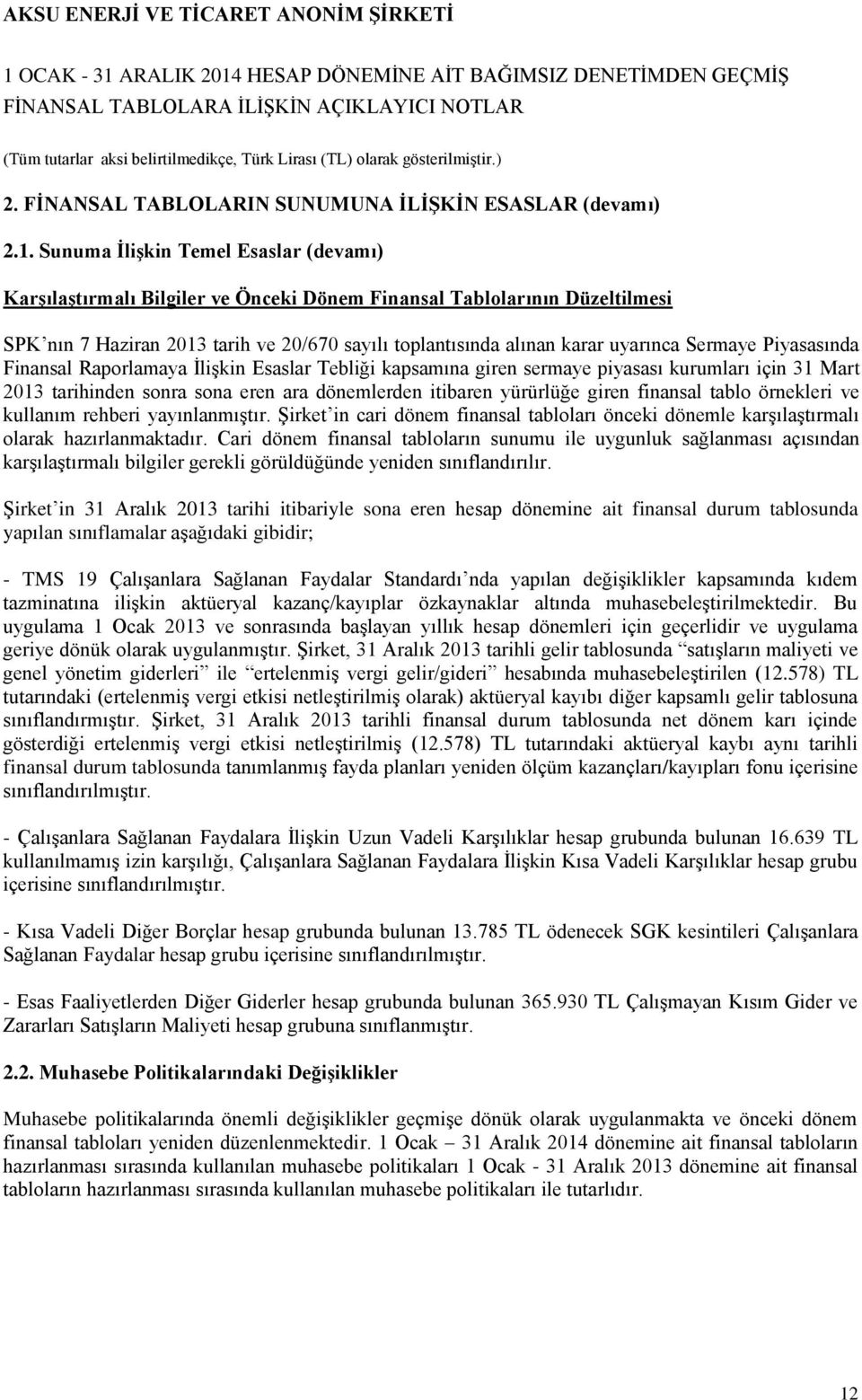 Sermaye Piyasasında Finansal Raporlamaya İlişkin Esaslar Tebliği kapsamına giren sermaye piyasası kurumları için 31 Mart 2013 tarihinden sonra sona eren ara dönemlerden itibaren yürürlüğe giren