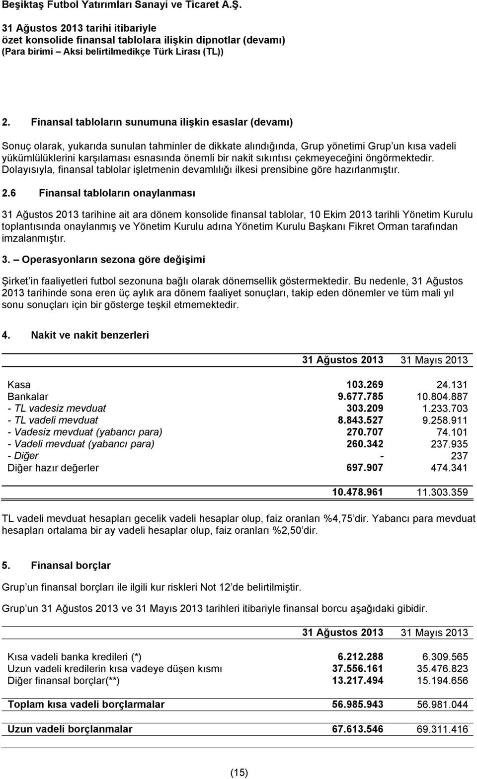 6 Finansal tabloların onaylanması 31 Ağustos 2013 tarihine ait ara dönem konsolide finansal tablolar, 10 Ekim 2013 tarihli Yönetim Kurulu toplantısında onaylanmış ve Yönetim Kurulu adına Yönetim