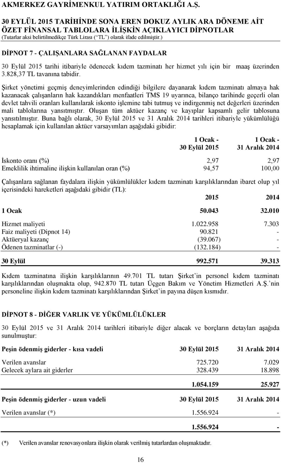 devlet tahvili oranları kullanılarak iskonto işlemine tabi tutmuş ve indirgenmiş net değerleri üzerinden mali tablolarına yansıtmıştır.