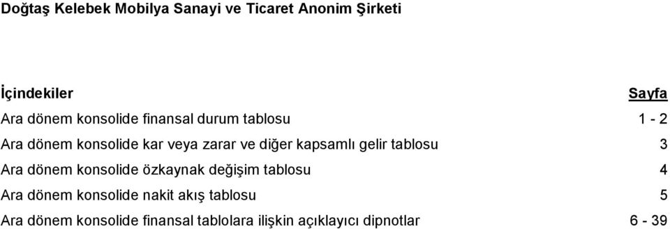 kapsamlı gelir tablosu 3 Ara dönem konsolide özkaynak değişim tablosu 4 Ara dönem