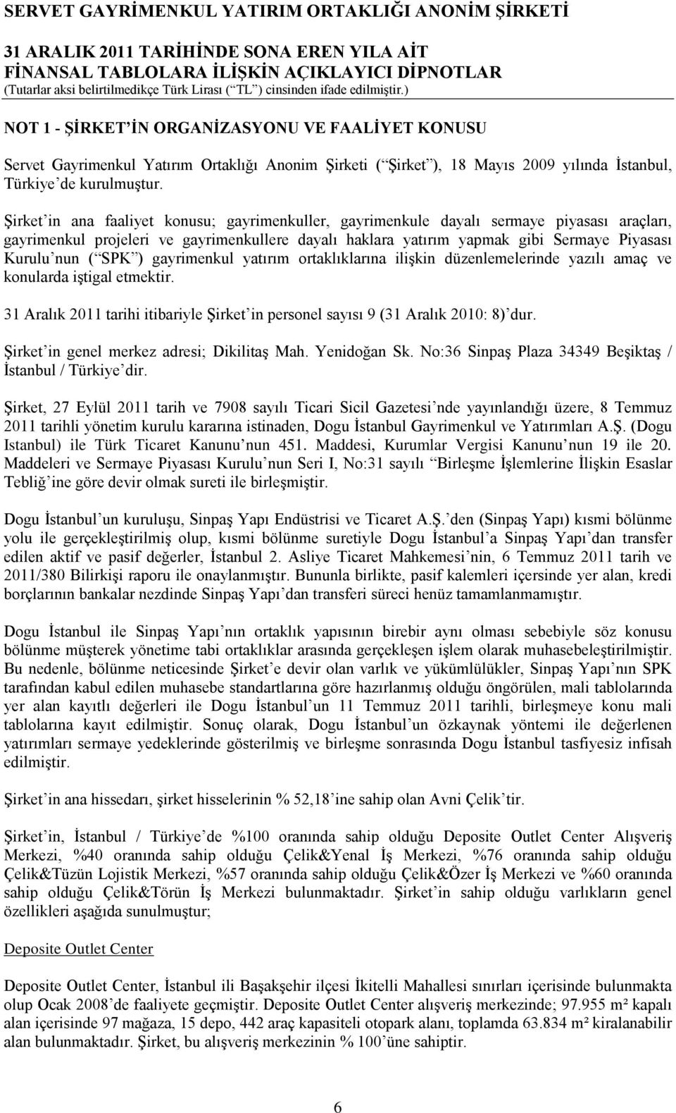 SPK ) gayrimenkul yatırım ortaklıklarına ilişkin düzenlemelerinde yazılı amaç ve konularda iştigal etmektir. 31 Aralık 2011 tarihi itibariyle Şirket in personel sayısı 9 (31 Aralık 2010: 8) dur.