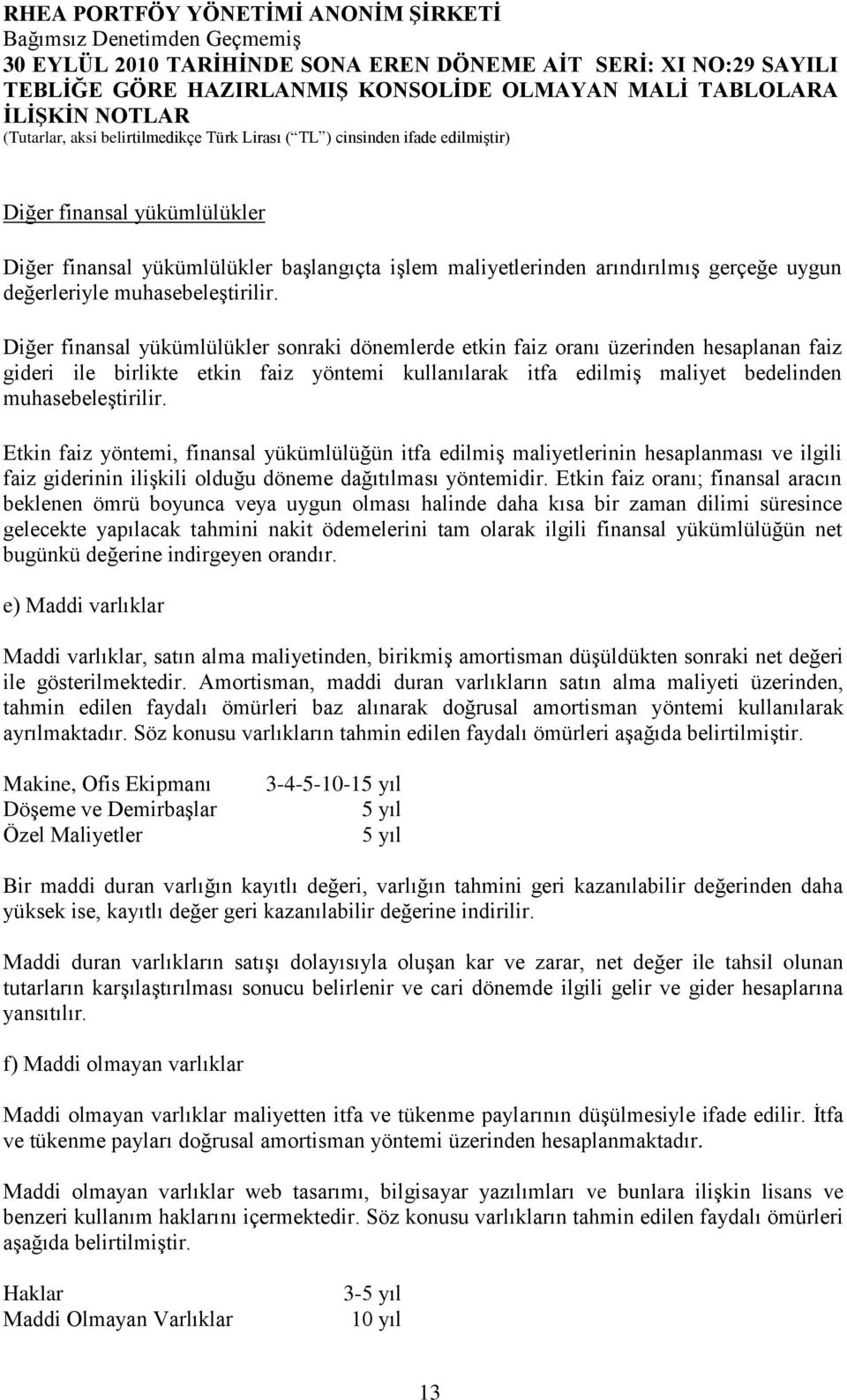 Diğer finansal yükümlülükler sonraki dönemlerde etkin faiz oranı üzerinden hesaplanan faiz gideri ile birlikte etkin faiz yöntemi kullanılarak itfa edilmiş maliyet bedelinden muhasebeleştirilir.