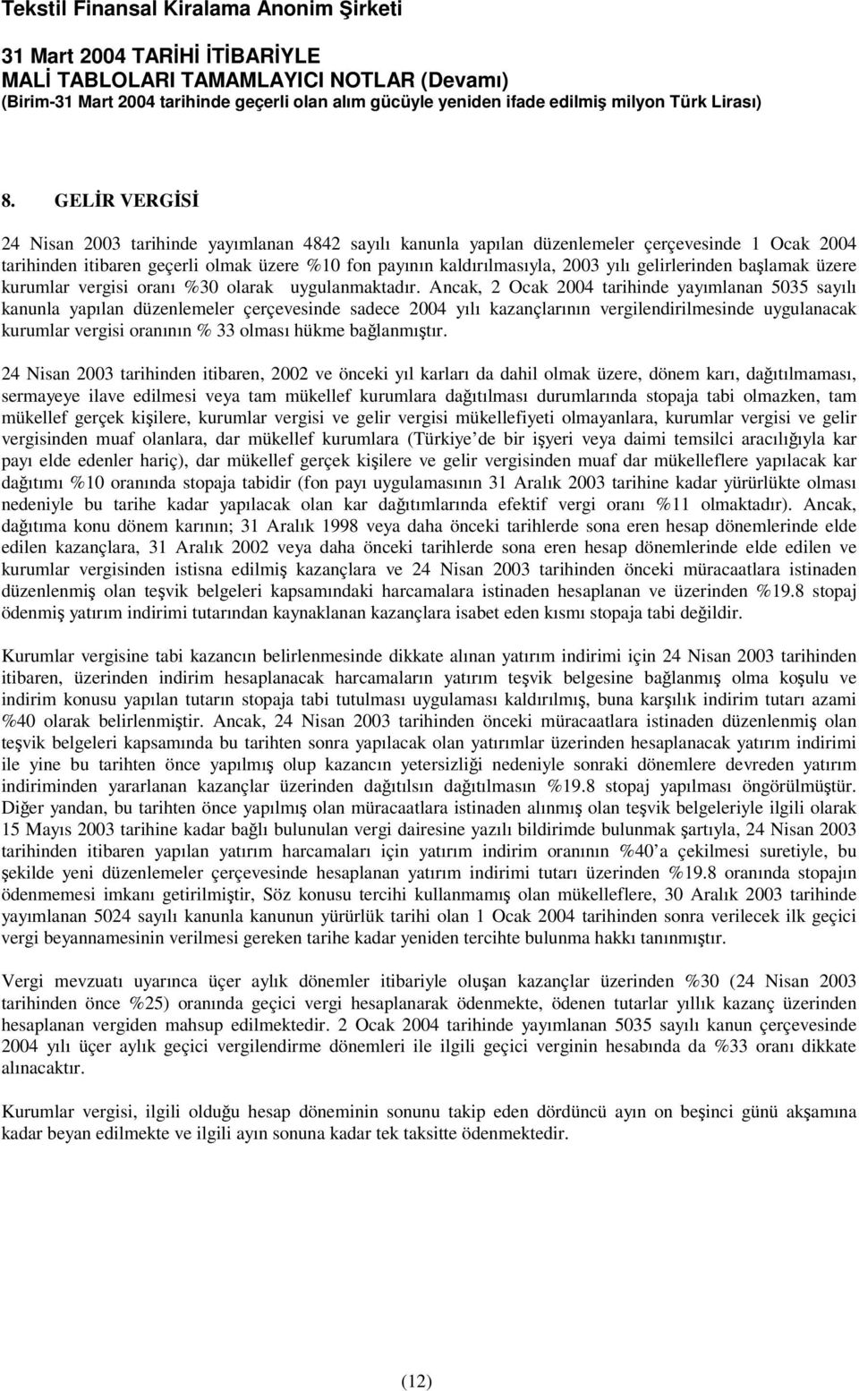 Ancak, 2 Ocak 2004 tarihinde yayımlanan 5035 sayılı kanunla yapılan düzenlemeler çerçevesinde sadece 2004 yılı kazançlarının vergilendirilmesinde uygulanacak kurumlar vergisi oranının % 33 olması