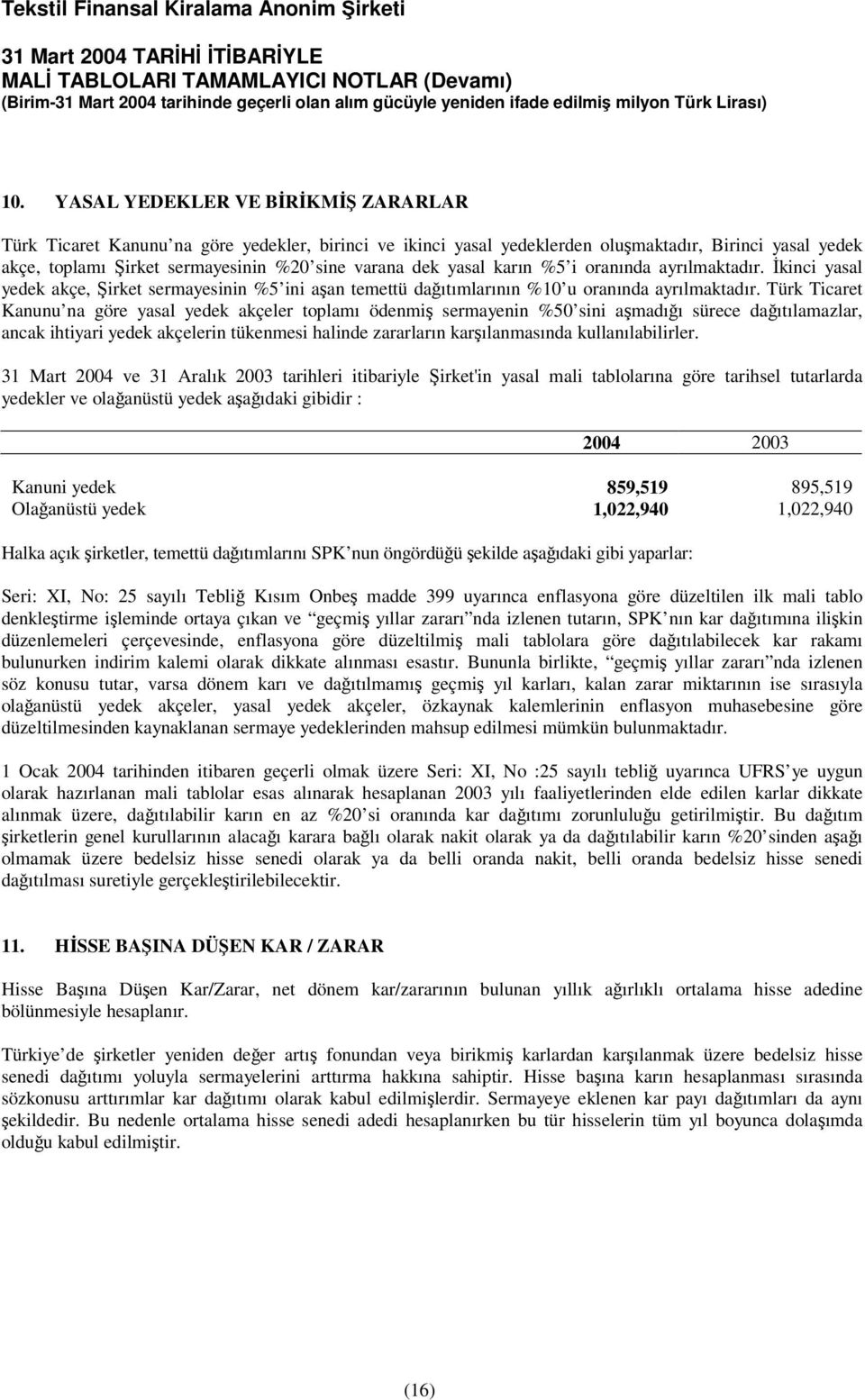 Türk Ticaret Kanunu na göre yasal yedek akçeler toplamı ödenmi sermayenin %50 sini amadıı sürece daıtılamazlar, ancak ihtiyari yedek akçelerin tükenmesi halinde zararların karılanmasında