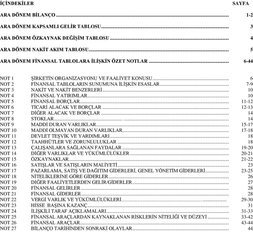 .. 10 NOT 5 FĠNANSAL BORÇLAR... 11-12 NOT 6 TĠCARĠ ALACAK VE BORÇLAR... 12-13 NOT 7 DĠĞER ALACAK VE BORÇLAR... 14 NOT 8 STOKLAR...... 14 NOT 9 MADDĠ DURAN VARLIKLAR.
