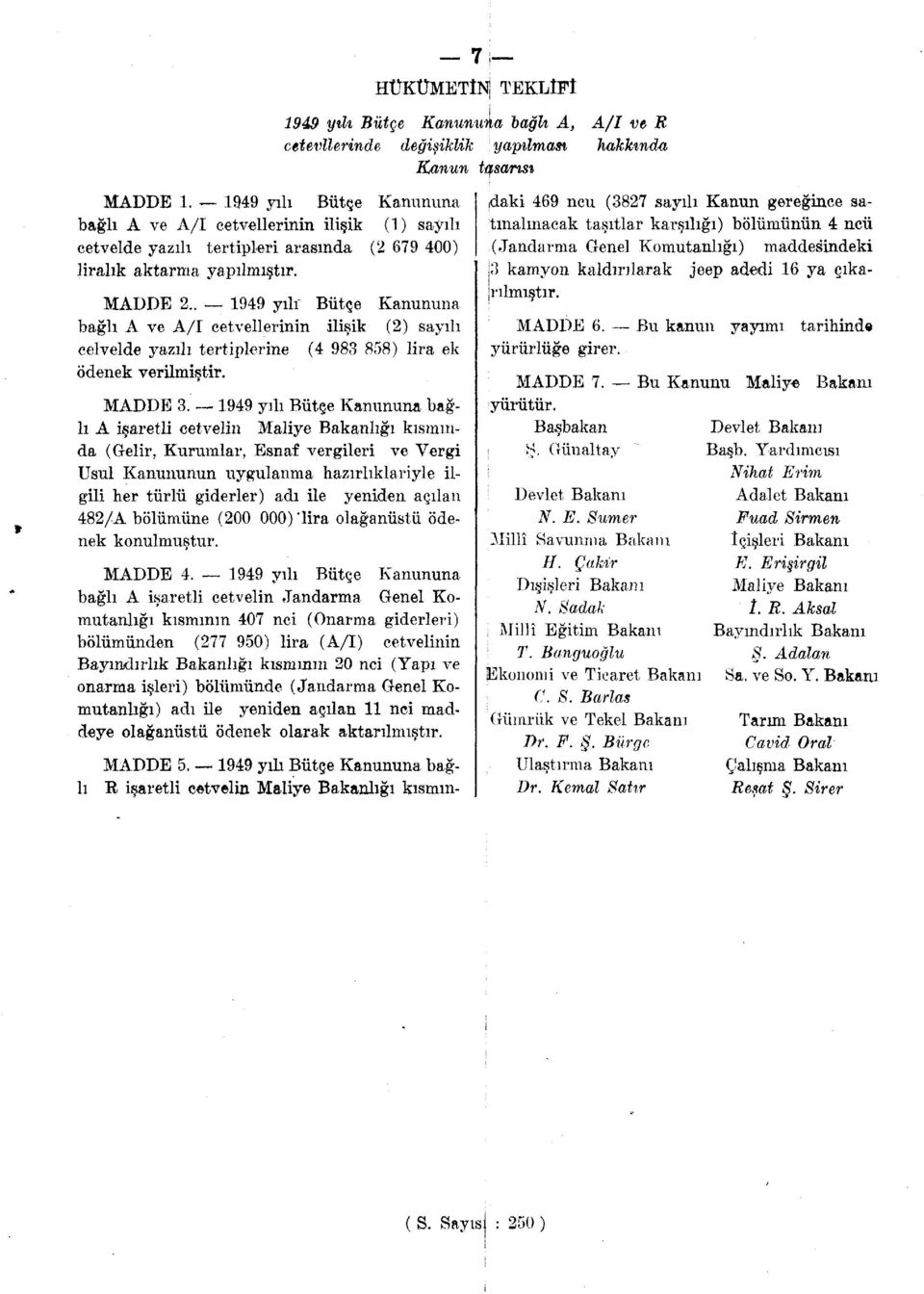 1949 yılı Bütçe Kanununa bağlı A işaretli cetvelin Maliye kısmında (Gelir, Kurumlar, Esnaf vergileri ve Vergi Usul Kanununun uygulanma hazırlıklariyle ilgili her türlü giderler) adı ile yeniden