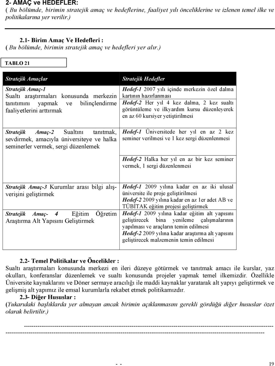 ) TABLO 21 Stratejik Amaçlar Stratejik Amaç-1 Sualtı araştırmaları konusunda merkezin tanıtımını yapmak ve bilinçlendirme faaliyetlerini arttırmak Stratejik Amaç-2 Sualtını tanıtmak, sevdirmek,