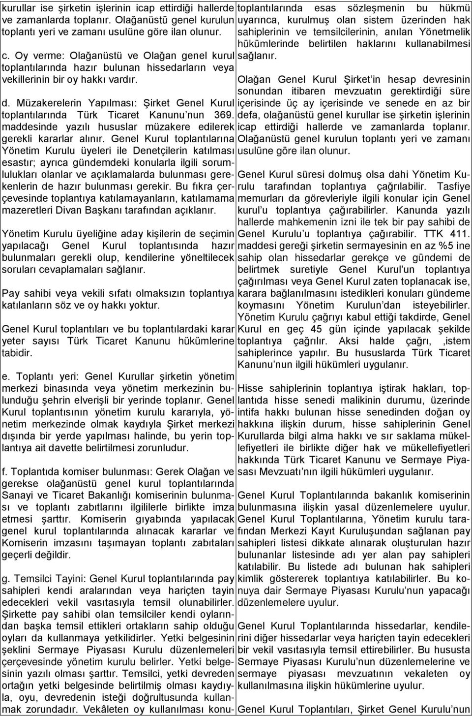 Müzakerelerin Yapılması: Şirket Genel Kurul toplantılarında Türk Ticaret Kanunu nun 369. maddesinde yazılı hususlar müzakere edilerek gerekli kararlar alınır.