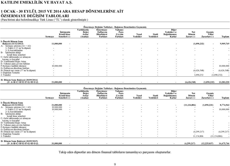 Zararları () Toplam I Önceki Dönem Sonu Bakiyesi (31/12/2013) 11,000,000 (1,090,232) 9,909,769 A Sermaye artırımı (A1 + A2) 1 Nakit (2.