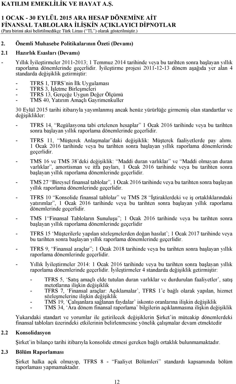 İyileştirme projesi 20111213 dönem aşağıda yer alan 4 standarda değişiklik getirmiştir: TFRS 1, TFRS nin İlk Uygulaması TFRS 3, İşletme Birleşmeleri TFRS 13, Gerçeğe Uygun Değer Ölçümü TMS 40,