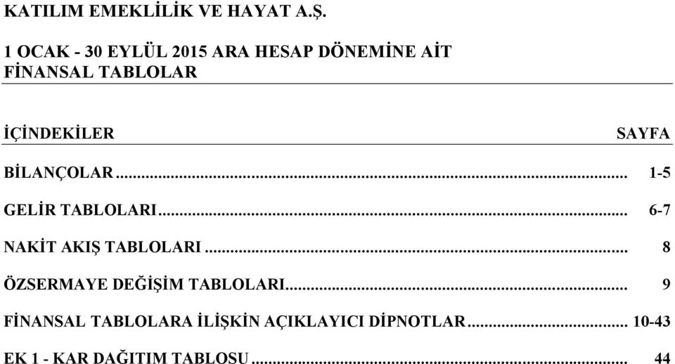 .. 15 GELİR TABLOLARI... 67 NAKİT AKIŞ TABLOLARI.