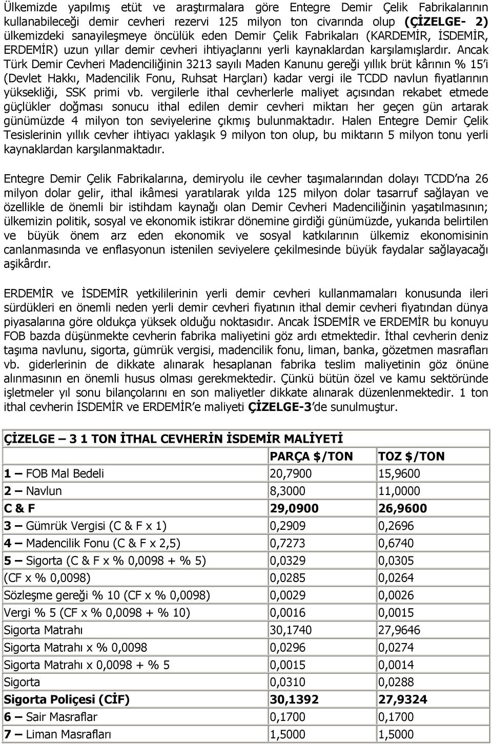 Ancak Türk Demir Cevheri Madenciliğinin 3213 sayılı Maden Kanunu gereği yıllık brüt kârının % 15 i (Devlet Hakkı, Madencilik Fonu, Ruhsat Harçları) kadar vergi ile TCDD navlun fiyatlarının