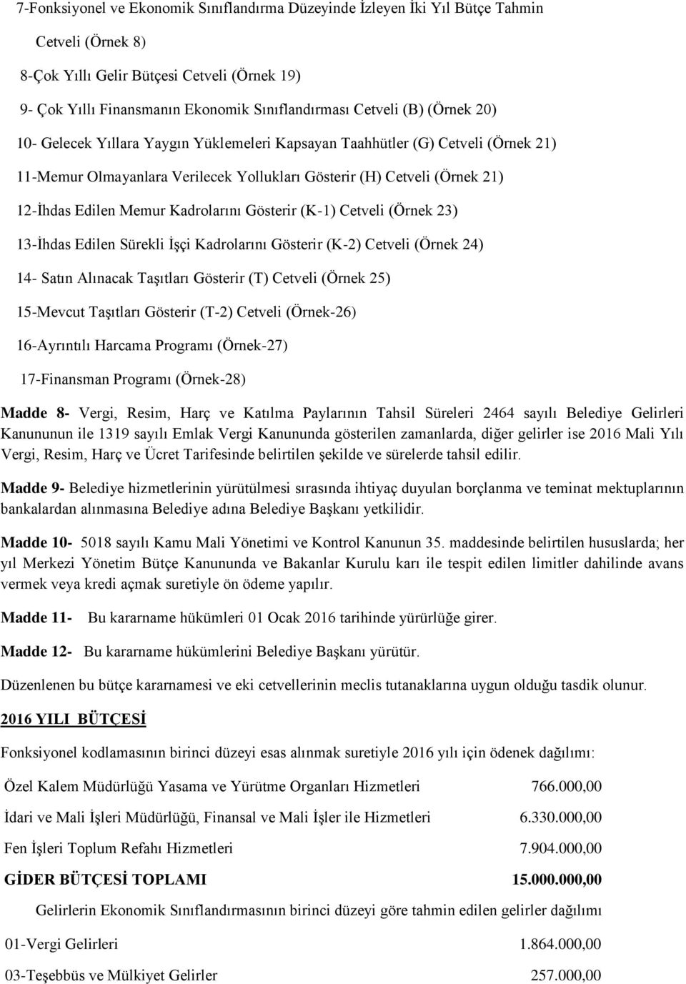 Kadrolarını Gösterir (K-1) Cetveli (Örnek 23) 13-İhdas Edilen Sürekli İşçi Kadrolarını Gösterir (K-2) Cetveli (Örnek 24) 14- Satın Alınacak Taşıtları Gösterir (T) Cetveli (Örnek 25) 15-Mevcut