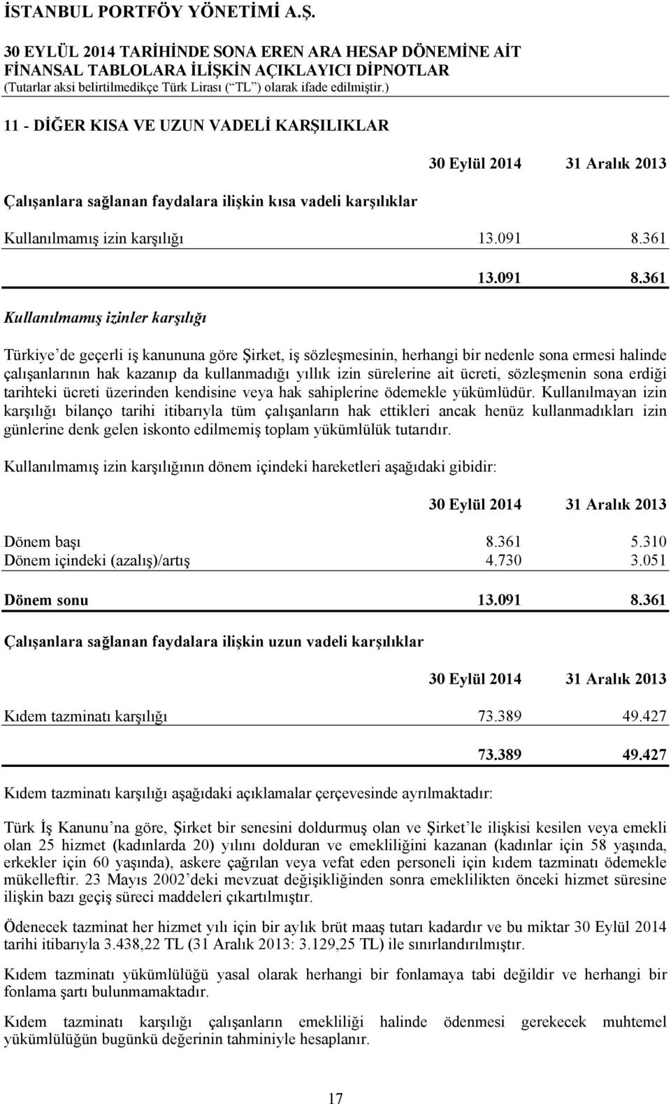 361 Türkiye de geçerli iş kanununa göre Şirket, iş sözleşmesinin, herhangi bir nedenle sona ermesi halinde çalışanlarının hak kazanıp da kullanmadığı yıllık izin sürelerine ait ücreti, sözleşmenin