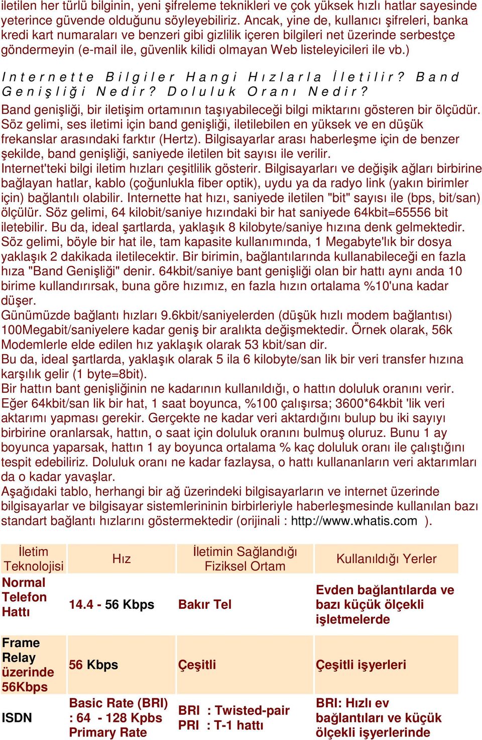 ile vb.) I n t e r n e t t e B i l g i l e r H a n g i H ı z l a r l a Đletilir? Band G e n işliği Nedir? Doluluk Oranı Nedir?