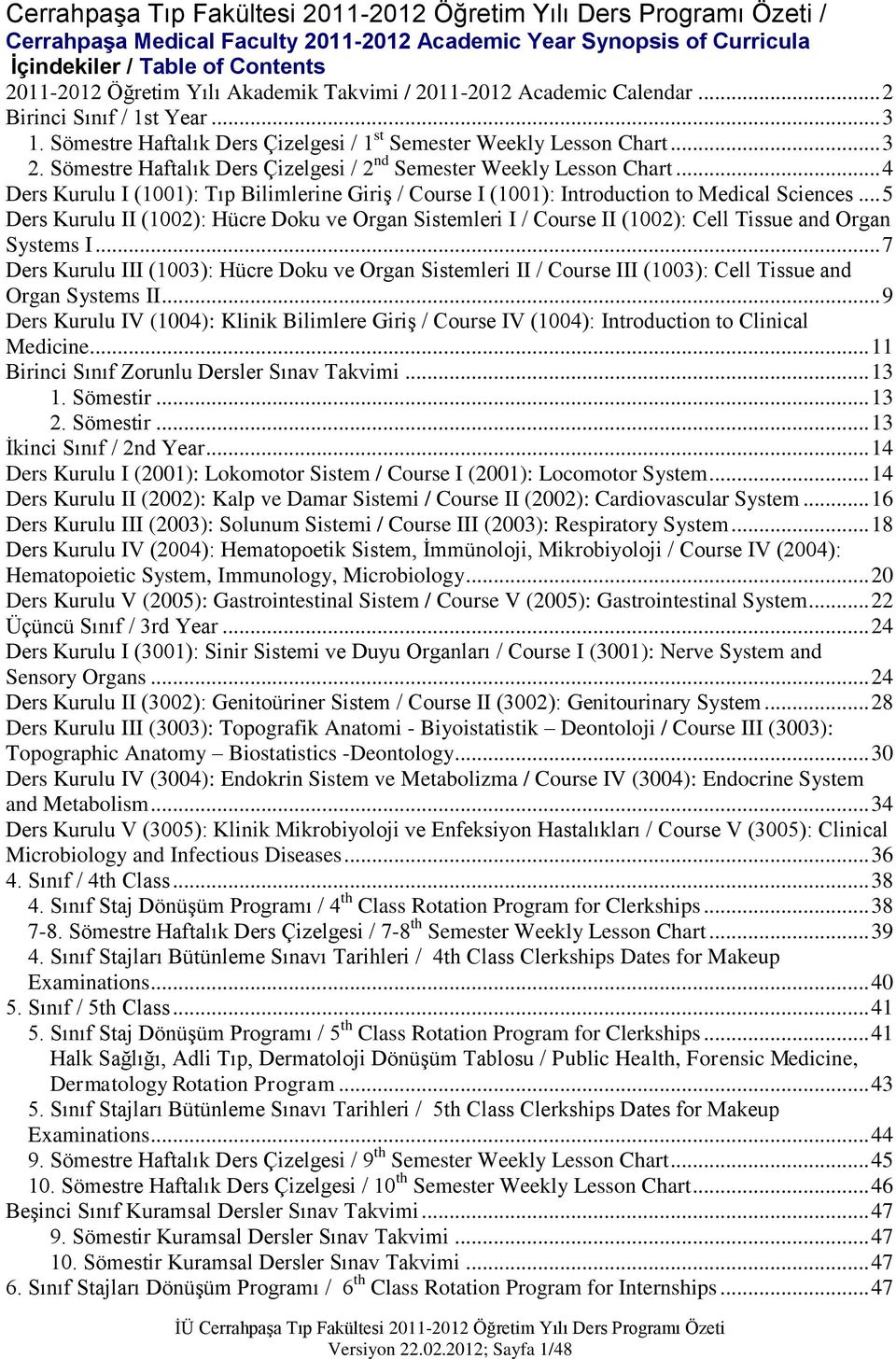 Sömestre Haftalık Ders Çizelgesi / 2 nd Semester Weekly Lesson Chart... 4 Ders Kurulu I (1001): Tıp Bilimlerine Giriş / Course I (1001): Introduction to Medical Sciences.