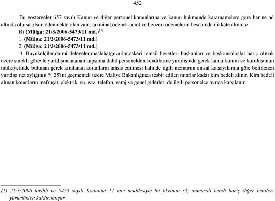 Büyükelçiler,daimi delegeler,maslahatgüzarlar,askeri temsil heyetleri başkanları ve başkonsoloslar hariç olmak üzere sürekli görevle yurtdışına atanan kapsama dahil personelden kendilerine