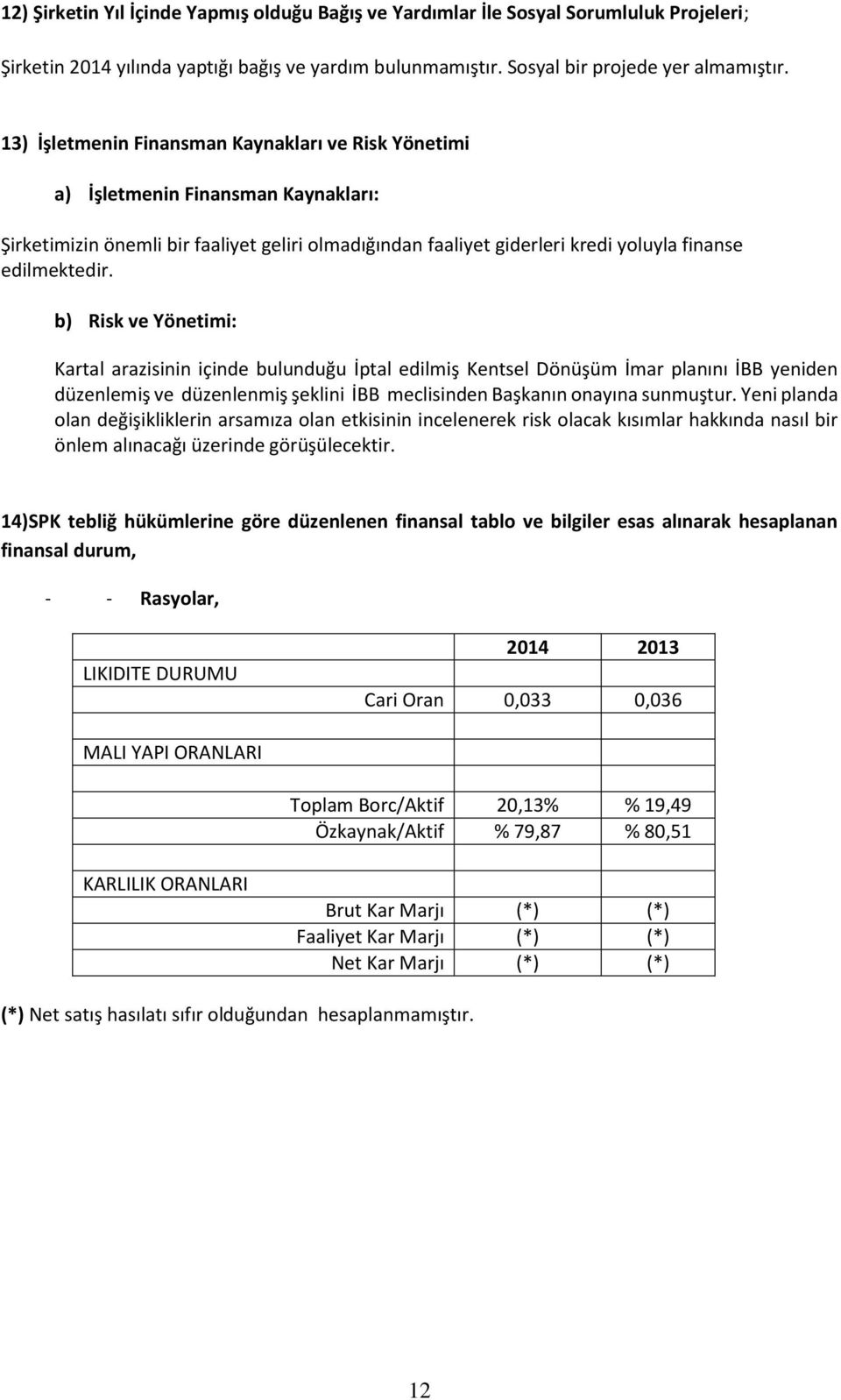 b) Risk ve Yönetimi: Kartal arazisinin içinde bulunduğu İptal edilmiş Kentsel Dönüşüm İmar planını İBB yeniden düzenlemiş ve düzenlenmiş şeklini İBB meclisinden Başkanın onayına sunmuştur.