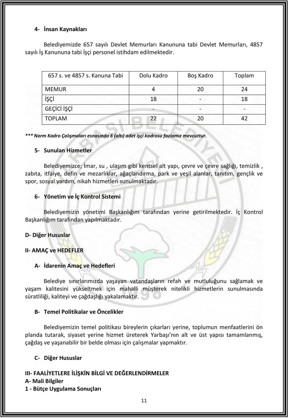 5- Sunulan Hizmetler Belediyemizce; İmar, su, ulaşım gibi kentsel alt yapı, çevre ve çevre sağlığı, temizlik, zabıta, itfaiye, defin ve mezarlıklar, ağaçlandırma, park ve yeşil alanlar, tanıtım,