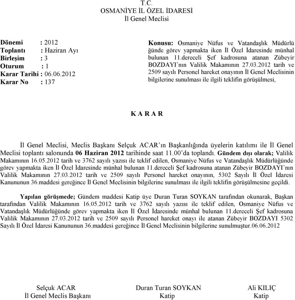 2012 tarih ve 2509 sayılı Personel hareket onayının nin bilgilerine sunulması ile ilgili teklifin görüşülmesi, Meclisi toplantı salonunda 06 Haziran 2012 tarihinde saat 11.00 da toplandı.