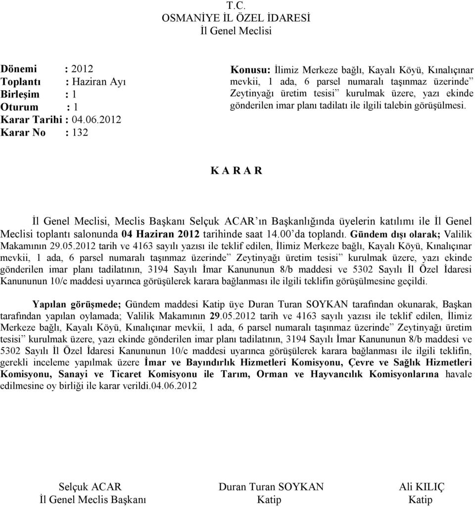 planı tadilatı ile ilgili talebin görüşülmesi. Meclisi toplantı salonunda 04 Haziran 2012 tarihinde saat 14.00 da toplandı. Gündem dışı olarak; Valilik Makamının 29.05.