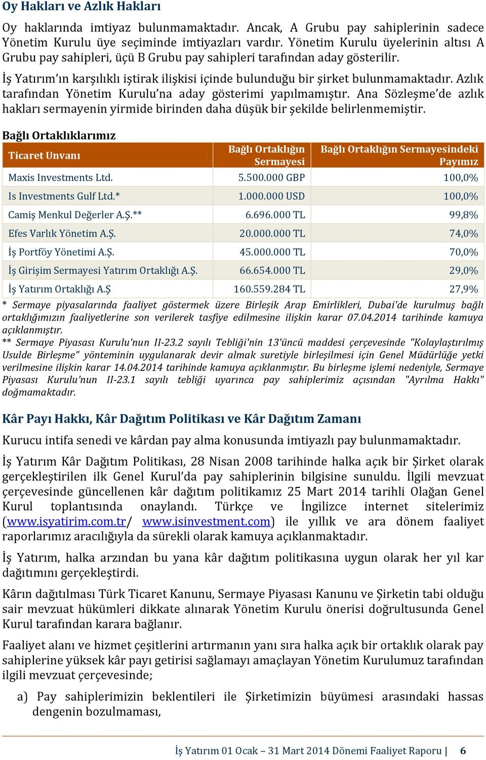 Azlık tarafından na aday gösterimi yapılmamıştır. Ana Sözleşme de azlık hakları sermayenin yirmide birinden daha düşük bir şekilde belirlenmemiştir.