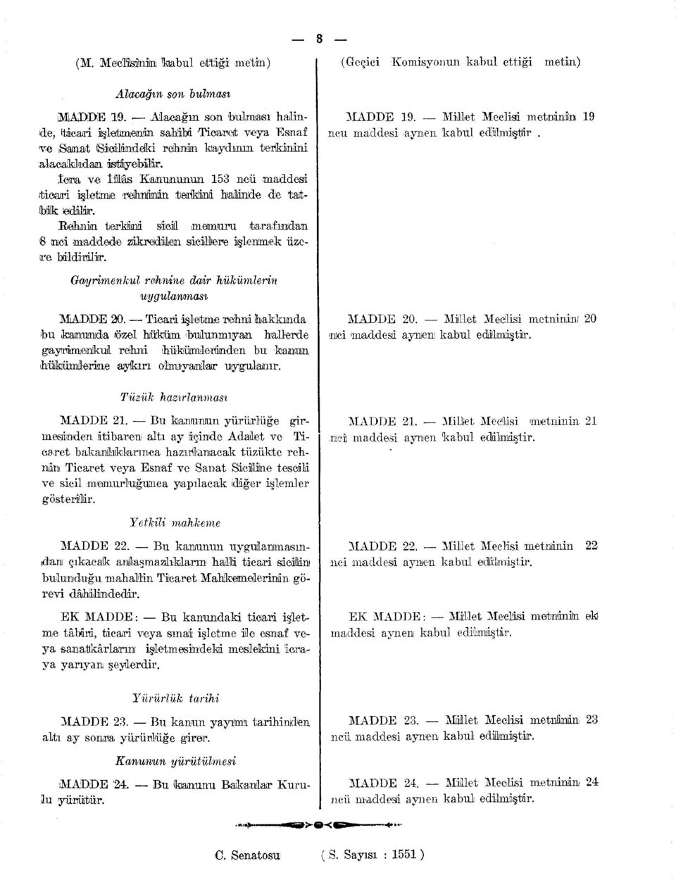 Bennin terkini sicil memuru tarafımdan 8 mel maddede zikredilen sicillere işlenmek üzere bimiröliır. Gayrimenkul r&hnine dair hükümlerin uygulanması MADDE 20.