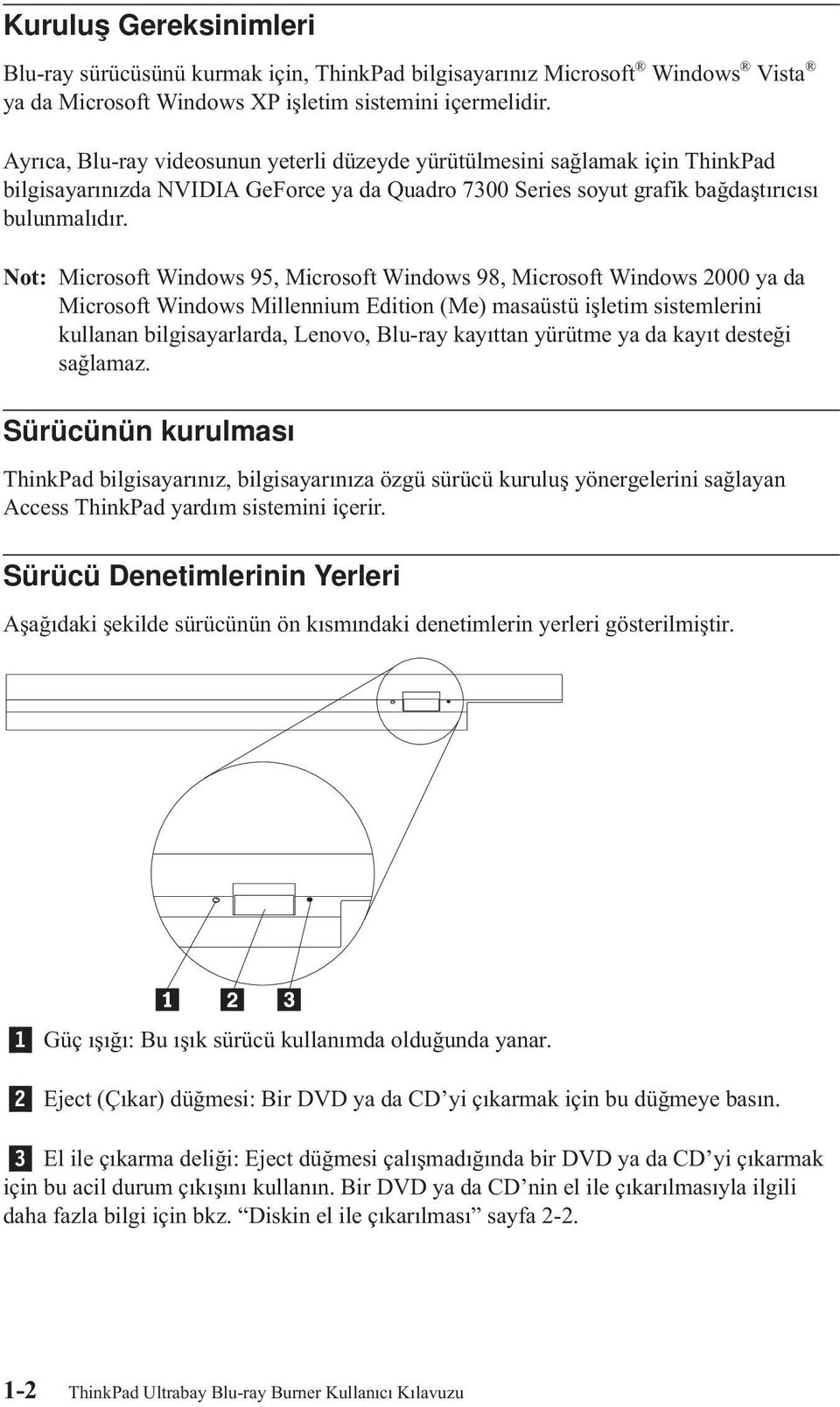 Not: Microsoft Windows 95, Microsoft Windows 98, Microsoft Windows 2000 ya da Microsoft Windows Millennium Edition (Me) masaüstü işletim sistemlerini kullanan bilgisayarlarda, Lenovo, Blu-ray