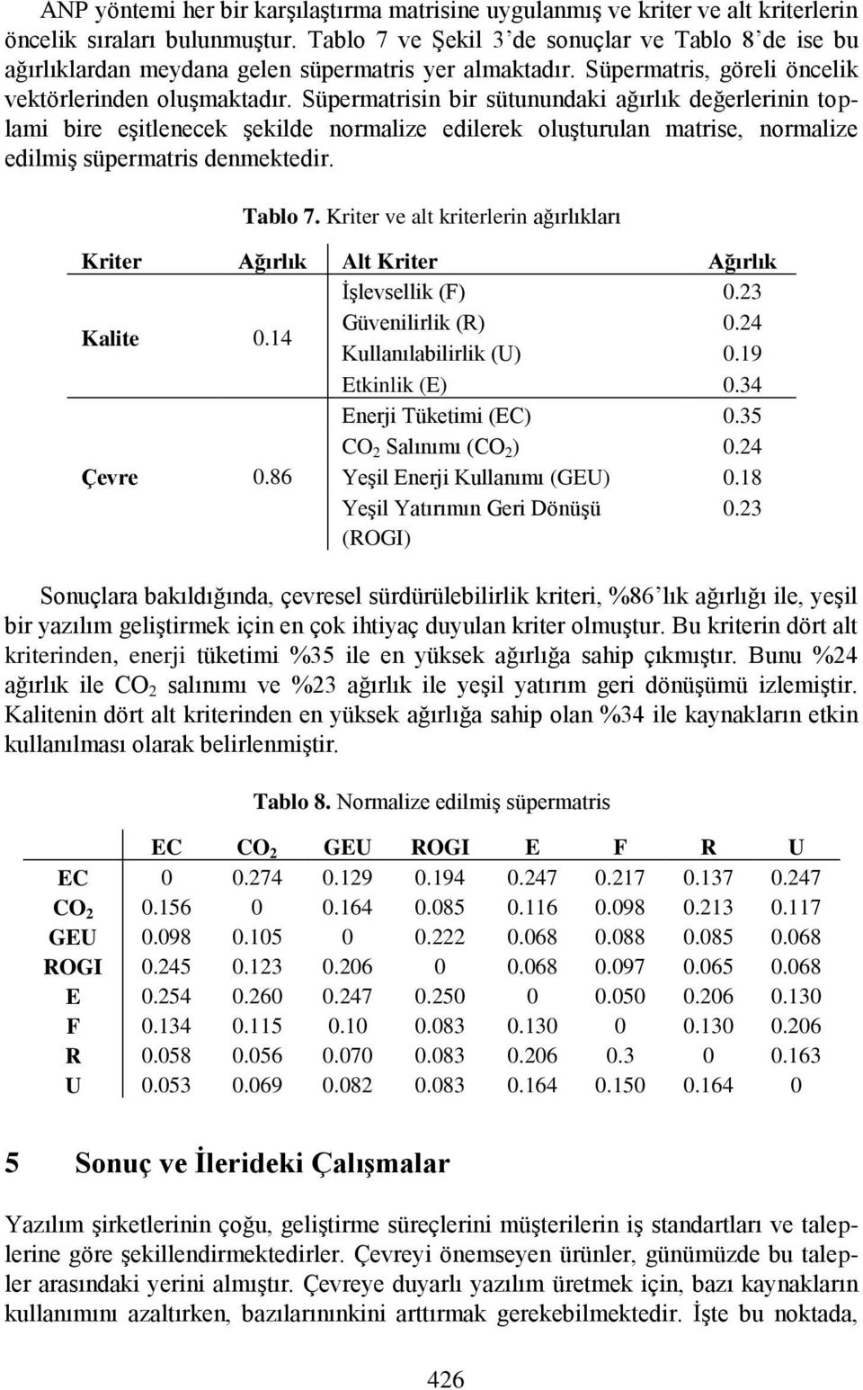 Süpermatrisin bir sütunundaki ağırlık değerlerinin toplami bire eşitlenecek şekilde normalize edilerek oluşturulan matrise, normalize edilmiş süpermatris denmektedir. Tablo 7.