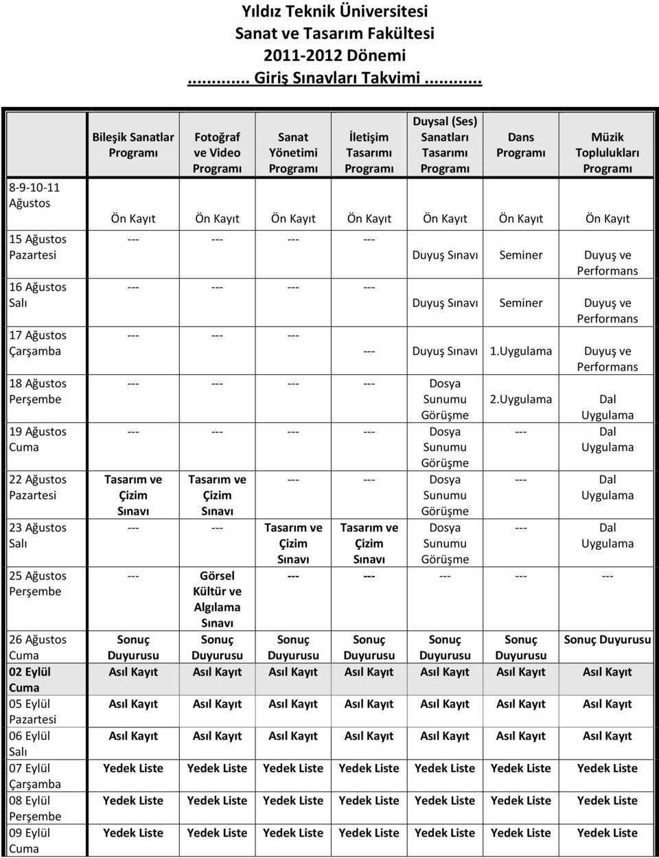 Cuma 05 Eylül Pazartesi 06 Eylül Salı 07 Eylül Çarşamba 08 Eylül Perşembe 09 Eylül Cuma Bileşik Sanatlar Fotoğraf ve Video Sanat Yönetimi İletişim Tasarımı Duysal (Ses) Sanatları Tasarımı Dans Müzik