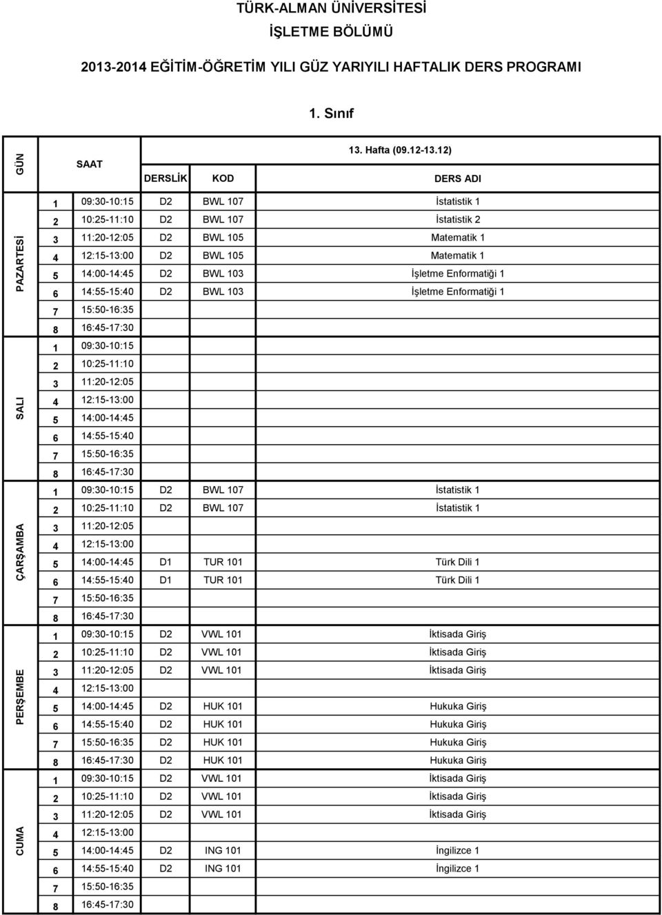 Enformatiği 1 D1 TUR 101 Türk Dili 1 D1 TUR 101 Türk Dili 1 D2 VWL 101 İktisada Giriş D2 VWL 101 İktisada Giriş D2 VWL 101