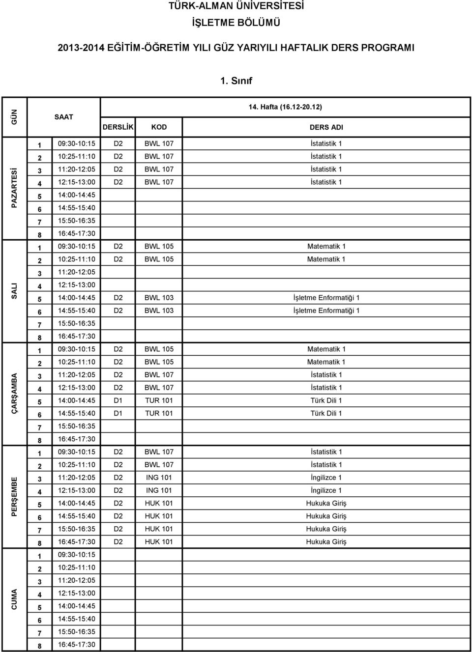 Enformatiği 1 D2 BWL 103 İşletme Enformatiği 1 D2 BWL 105 Matematik 1 D2 BWL 105 Matematik 1 D2 BWL 107 İstatistik 1