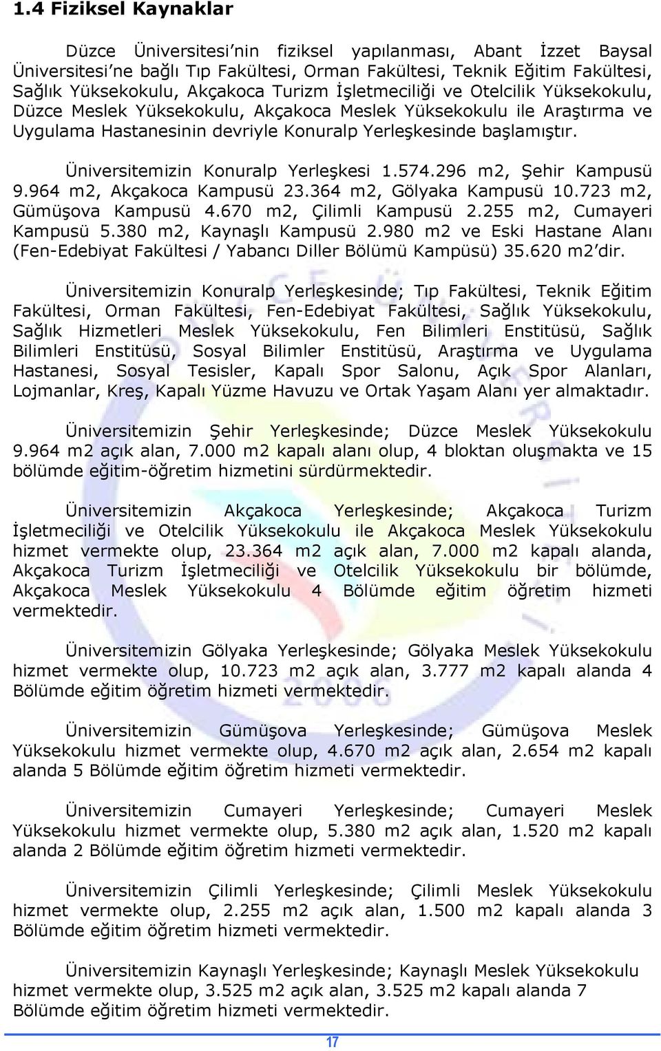 Üniversitemizin Konuralp Yerleşkesi 1.574.296 m2, Şehir Kampusü 9.964 m2, Akçakoca Kampusü 23.364 m2, Gölyaka Kampusü 10.723 m2, Gümüşova Kampusü 4.670 m2, Çilimli Kampusü 2.