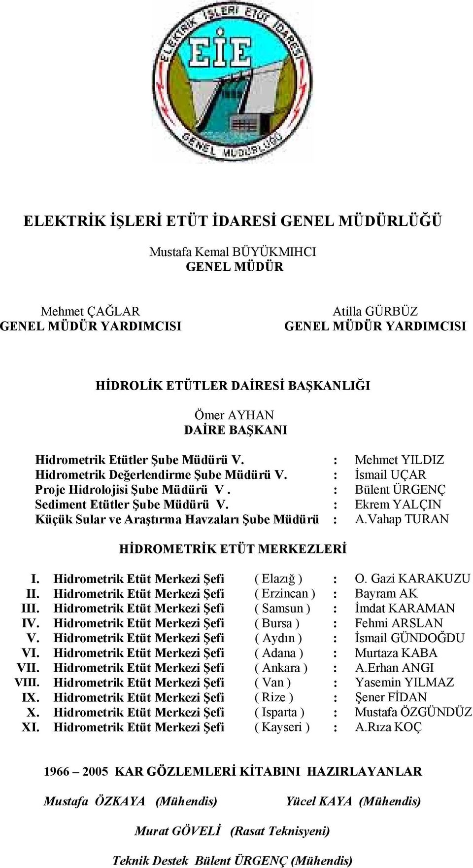 : Bülent ÜRGENÇ Sediment Etütler Şube Müdürü V. : Ekrem YALÇIN Küçük Sular ve Araştırma Havzaları Şube Müdürü : A.Vahap TURAN HİDROMETRİK ETÜT MERKEZLERİ I.