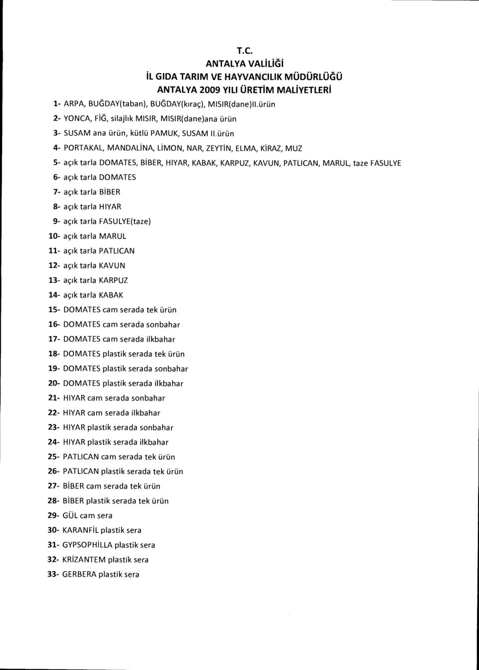 iirlin 4- PORTAKAL, MANDALNA, LMON, NAR, ZEYTN, ELMA, KRAZ, MUZ 5- acik tarla DOMATES, BBER, HYAR, KABAK, KARPUZ, KAVUN, PATLCAN, MARUL, taze FASULYE 6- acik tarla DOMATES 7- acik tarla BBER 8- acik