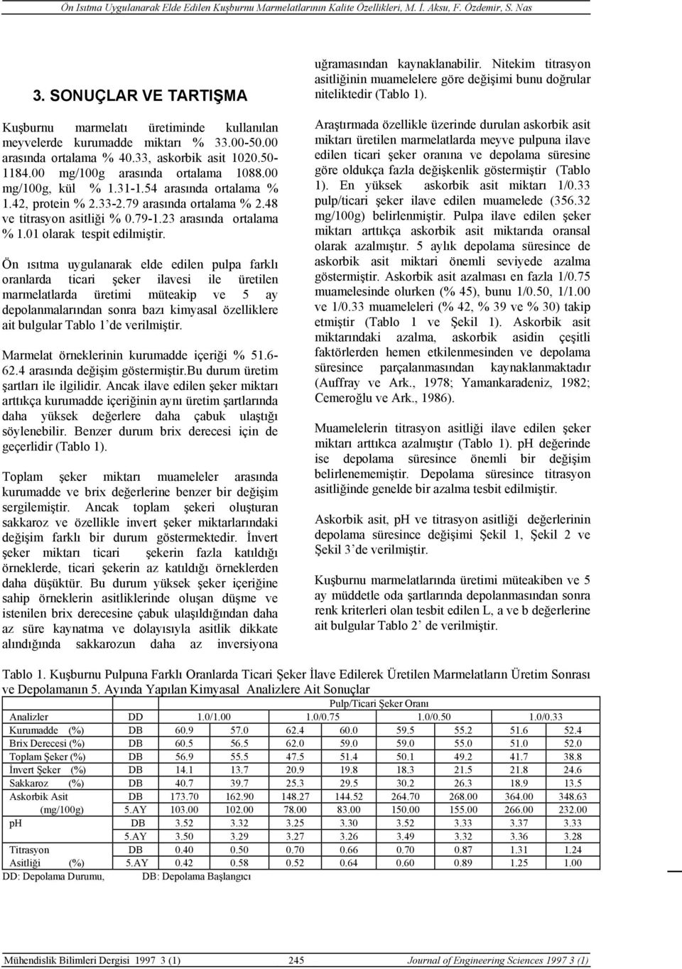 Ön ısıtma uygulanarak elde edilen pulpa farklı oranlarda ticari şeker ilavesi ile üretilen marmelatlarda üretimi müteakip ve 5 ay depolanmalarından sonra bazı kimyasal özelliklere ait bulgular Tablo