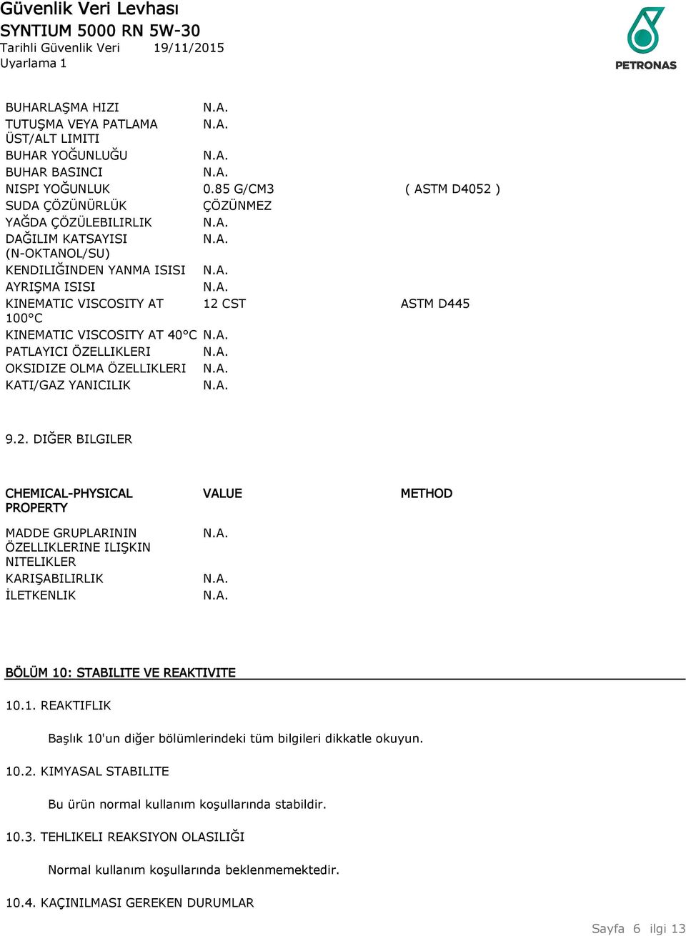 VISCOSITY AT 40 C PATLAYICI ÖZELLIKLERI OKSIDIZE OLMA ÖZELLIKLERI KATI/GAZ YANICILIK 9.2.