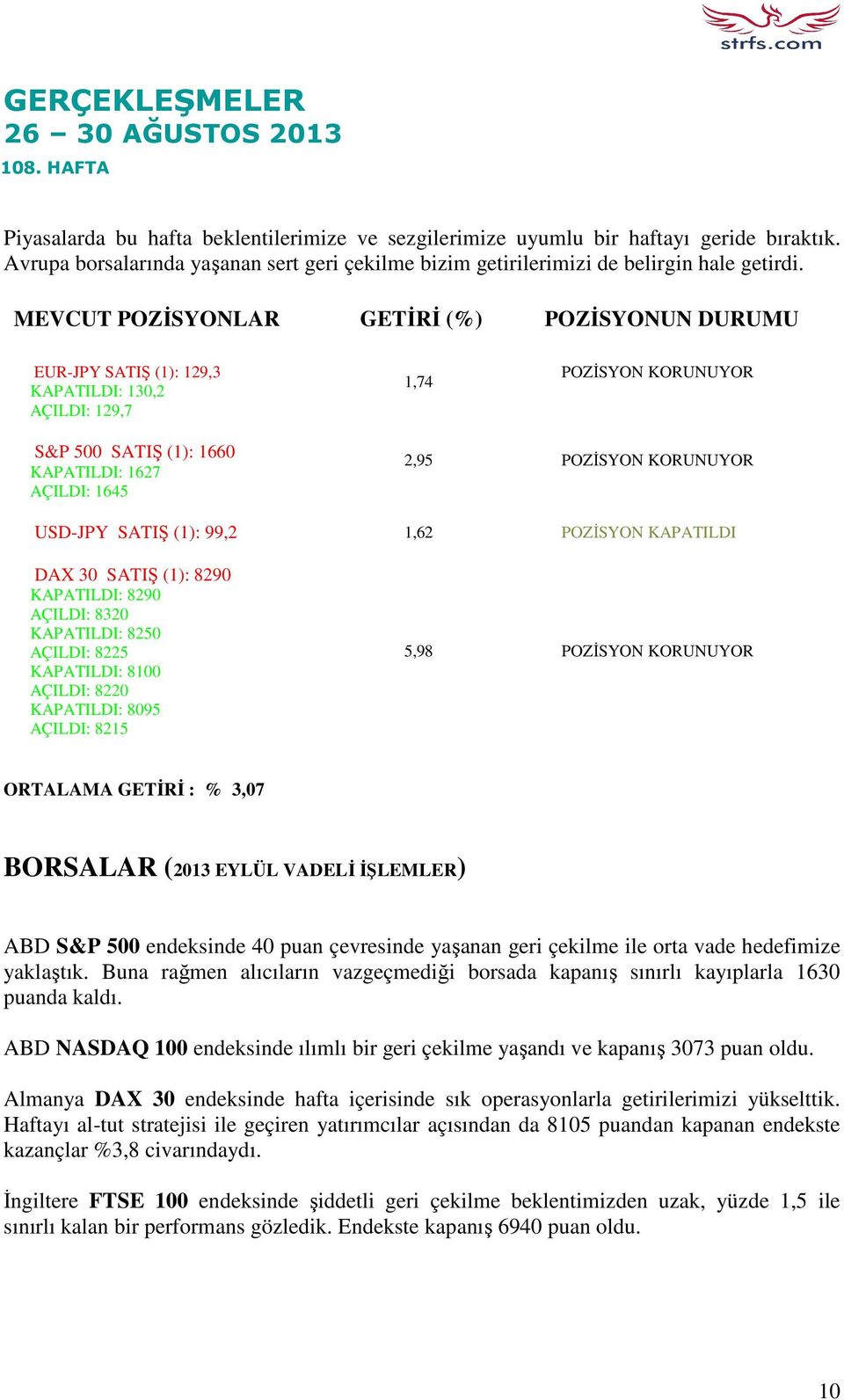 MEVCUT POZİSYONLAR GETİRİ (%) POZİSYONUN DURUMU EUR-JPY SATIŞ (1): 129,3 KAPATILDI: 130,2 AÇILDI: 129,7 1,74 POZİSYON KORUNUYOR S&P 500 SATIŞ (1): 1660 KAPATILDI: 1627 AÇILDI: 1645 2,95 POZİSYON