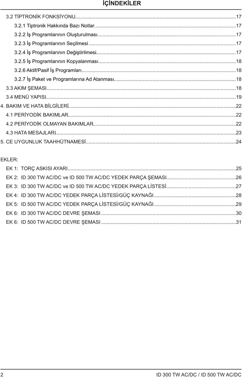 BAKIM VE HATA BİLGİLERİ...22 4.1 PERİYODİK BAKIMLAR......22 4.2 PERİYODİK OLMAYAN BAKIMLAR...22 4.3 HATA MESAJLARI...23 5. CE UYGUNLUK TAAHHÜTNAMESİ...24 EKLER: EK 1: TORÇ ASKISI AYARI.