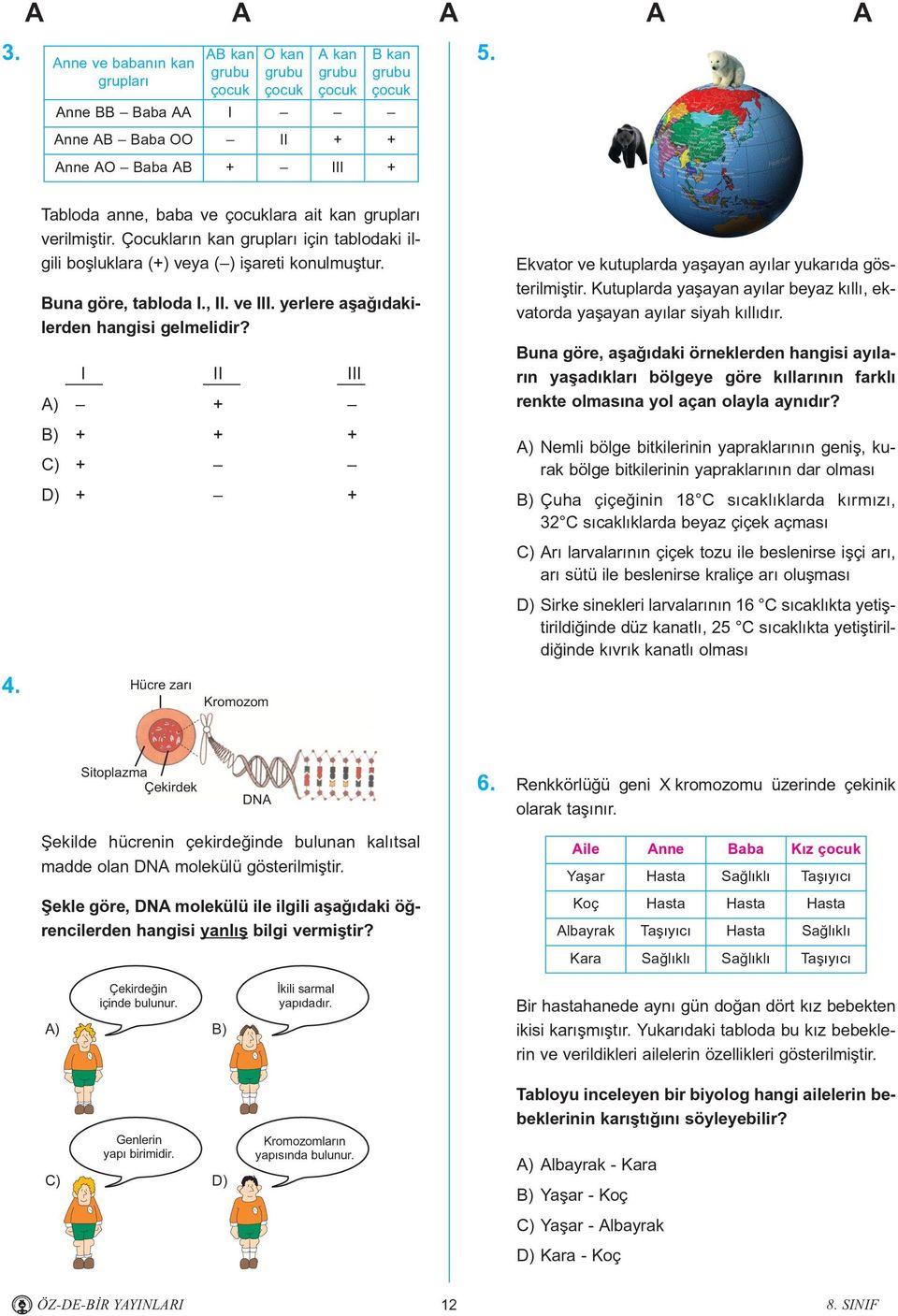 yerlere aþaðýdakilerden hangisi gelmelidir? I II III A) + B) + + + C) + D) + + Hücre zarý Kromozom Ekvator ve kutuplarda yaþayan ayýlar yukarýda gösterilmiþtir.