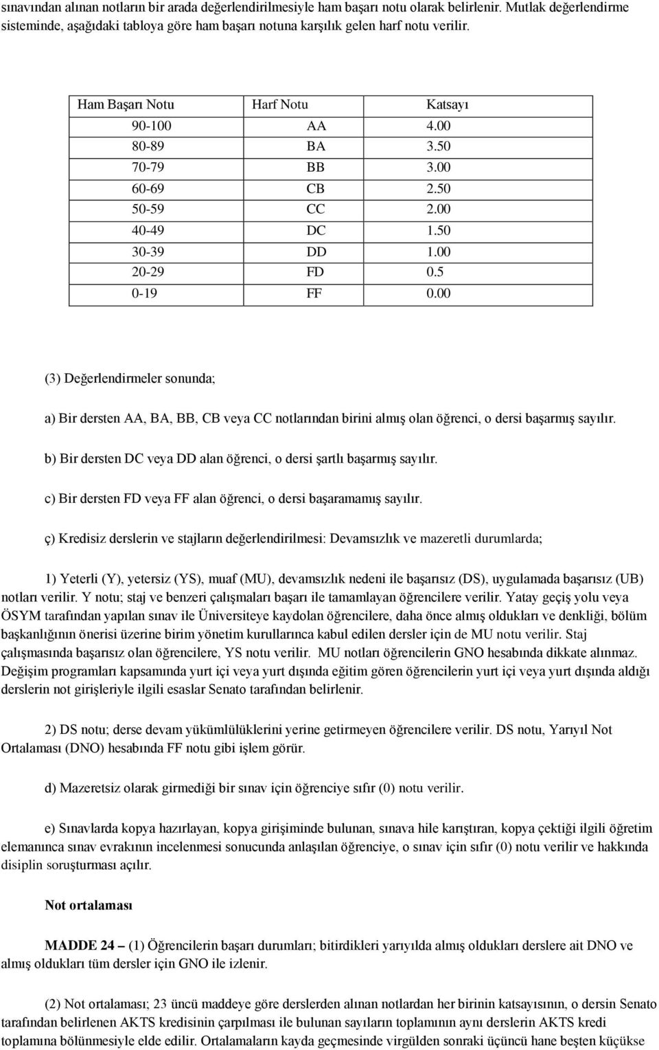 00 (3) Değerlendirmeler sonunda; a) Bir dersten AA, BA, BB, CB veya CC notlarından birini almış olan öğrenci, o dersi başarmış sayılır.