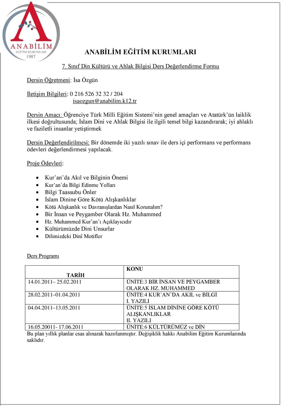 faziletli insanlar yetiştirmek Dersin Değerlendirilmesi: Bir dönemde iki yazılı sınav ile ders içi performans ve performans ödevleri değerlendirmesi yapılacak.