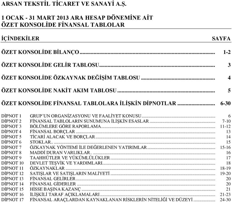 .. 6 DİPNOT 2 FİNANSAL TABLOLARIN SUNUMUNA İLİŞKİN ESASLAR... 7-10 DİPNOT 3 BÖLÜMLERE GÖRE RAPORLAMA... 11-12 DİPNOT 4 FİNANSAL BORÇLAR... 13 DİPNOT 5 TİCARİ ALACAK VE BORÇLAR... 14 DİPNOT 6 STOKLAR.