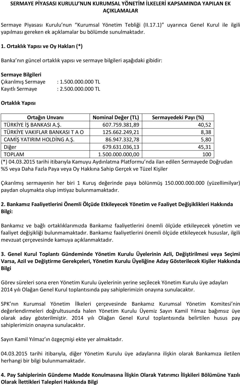 Ortaklık Yapısı ve Oy Hakları (*) Banka nın güncel ortaklık yapısı ve sermaye bilgileri aşağıdaki gibidir: Sermaye Bilgileri Çıkarılmış Sermaye Kayıtlı Sermaye : 1.500.000.