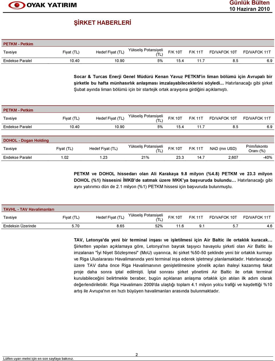 .. Hatırlanacağı gibi şirket Şubat ayında liman bölümü için bir startejik ortak arayışına girdiğini açıklamıştı. PETKM - Petkim Tavsiye Fiyat Hedef Fiyat Endekse Paralel 10.40 10.90 5% 15.4 11.7 8.