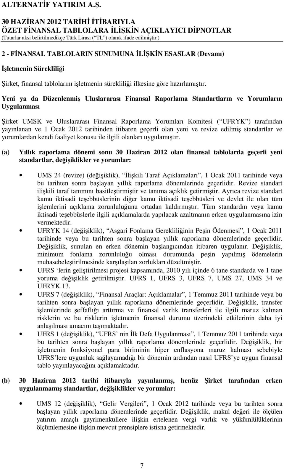 Ocak 2012 tarihinden itibaren geçerli olan yeni ve revize edilmiş standartlar ve yorumlardan kendi faaliyet konusu ile ilgili olanları uygulamıştır.