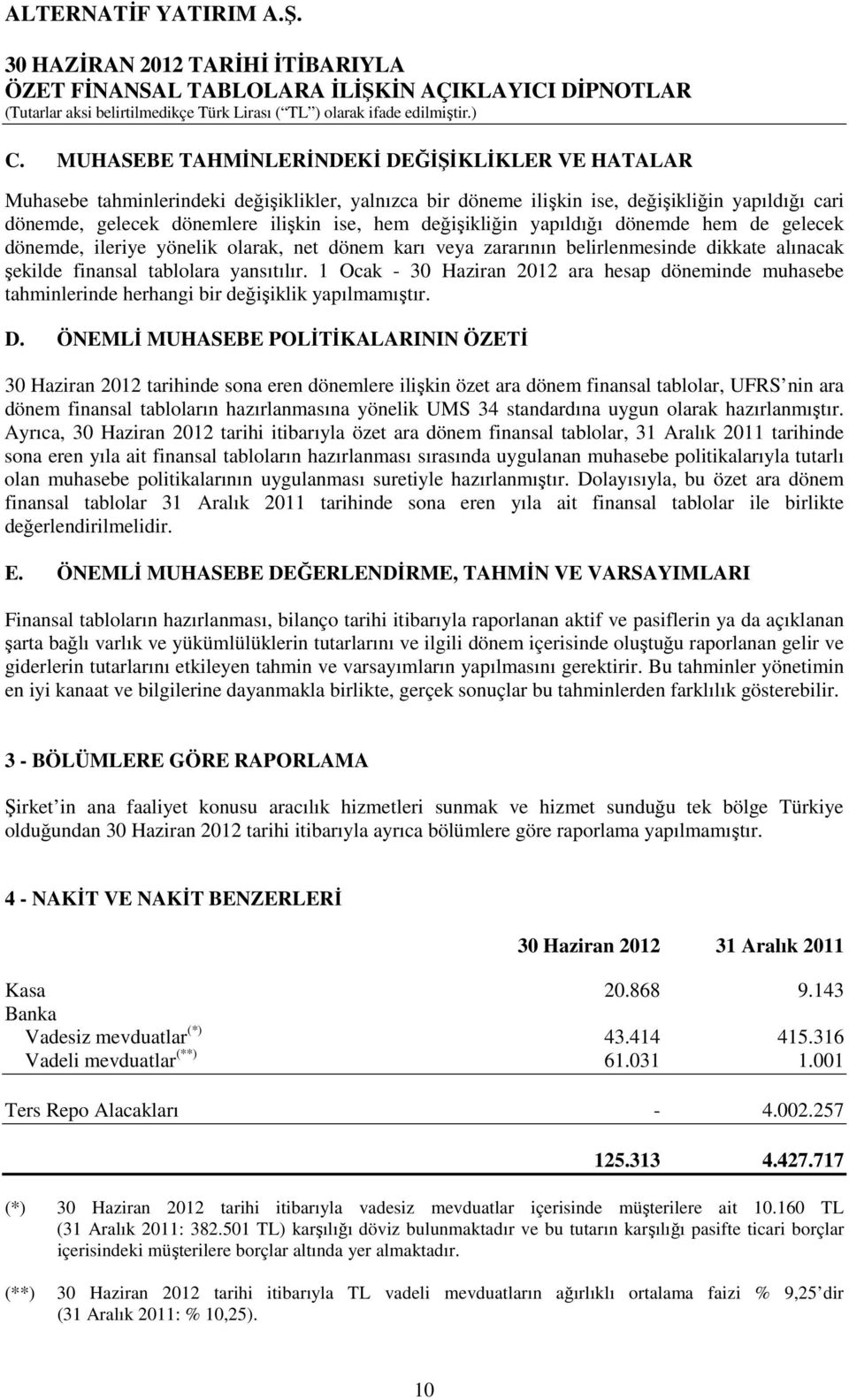 1 Ocak - 30 Haziran 2012 ara hesap döneminde muhasebe tahminlerinde herhangi bir değişiklik yapılmamıştır. D.