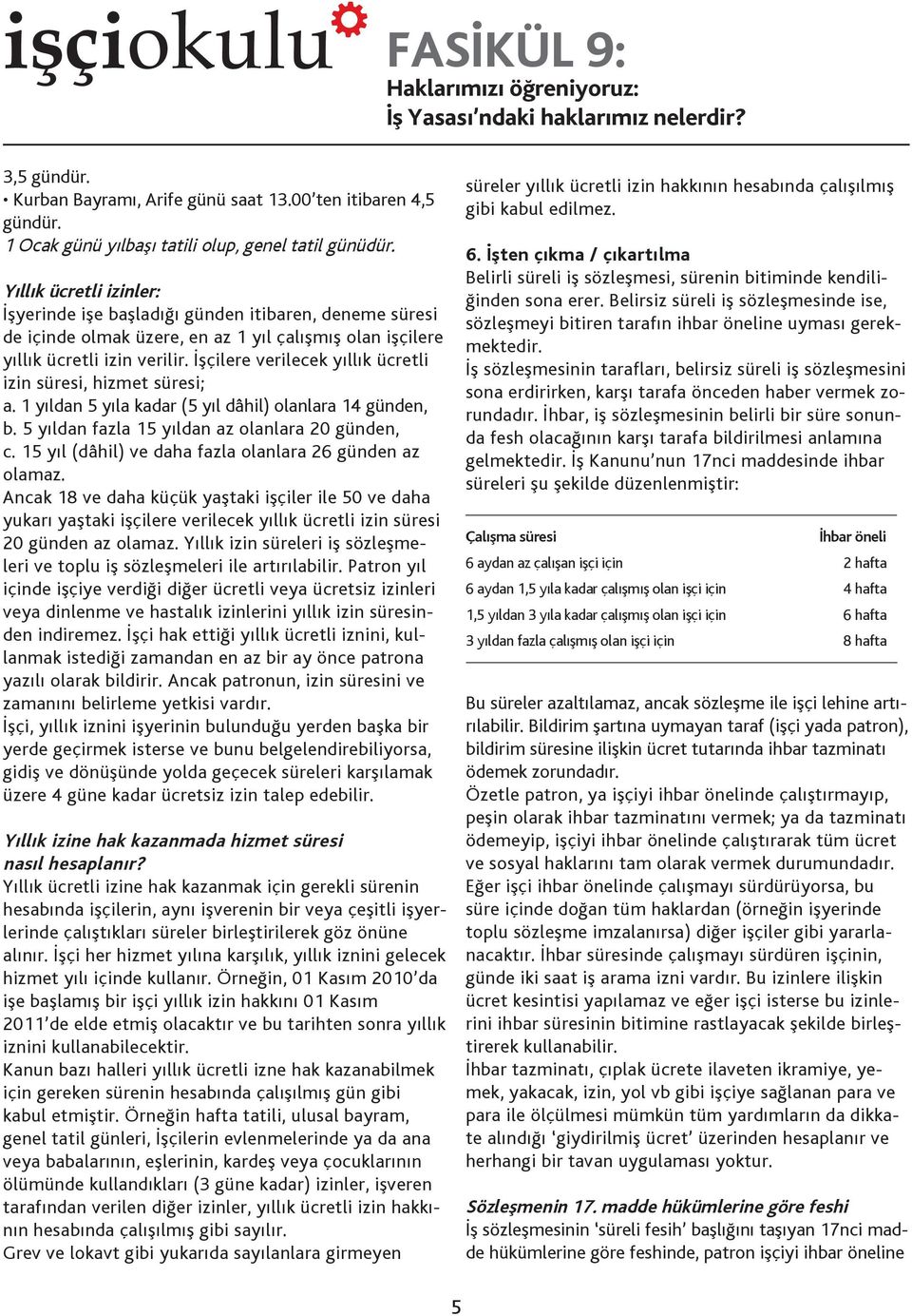 İşçilere verilecek yıllık ücretli izin süresi, hizmet süresi; a. 1 yıldan 5 yıla kadar (5 yıl dâhil) olanlara 14 günden, b. 5 yıldan fazla 15 yıldan az olanlara 20 günden, c.