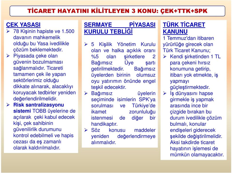 Risk santralizasyonu sistemi TOBB üyelerine de açılarak çeki kabul edecek kişi, çek sahibinin güvenilirlik durumunu kontrol edebilmeli ve hapis cezası da eş zamanlı olarak kaldırılmalıdır.